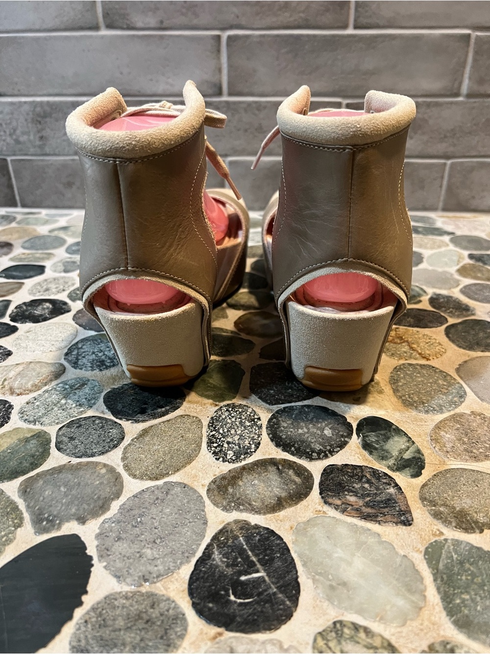 Tsubo Neutral Beige Leather & Suede Ankle-Tie Platforms - Picture 6 of 10